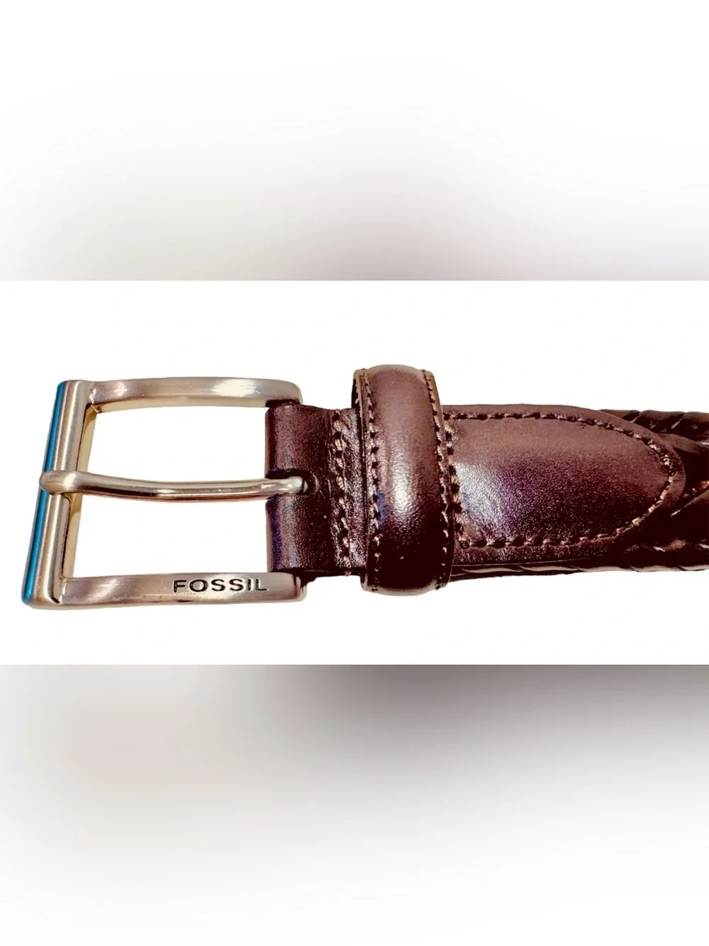 Fossil Mens Size 40 Brown Genuine Leather Braided Brushed Silver Buckle Belt
